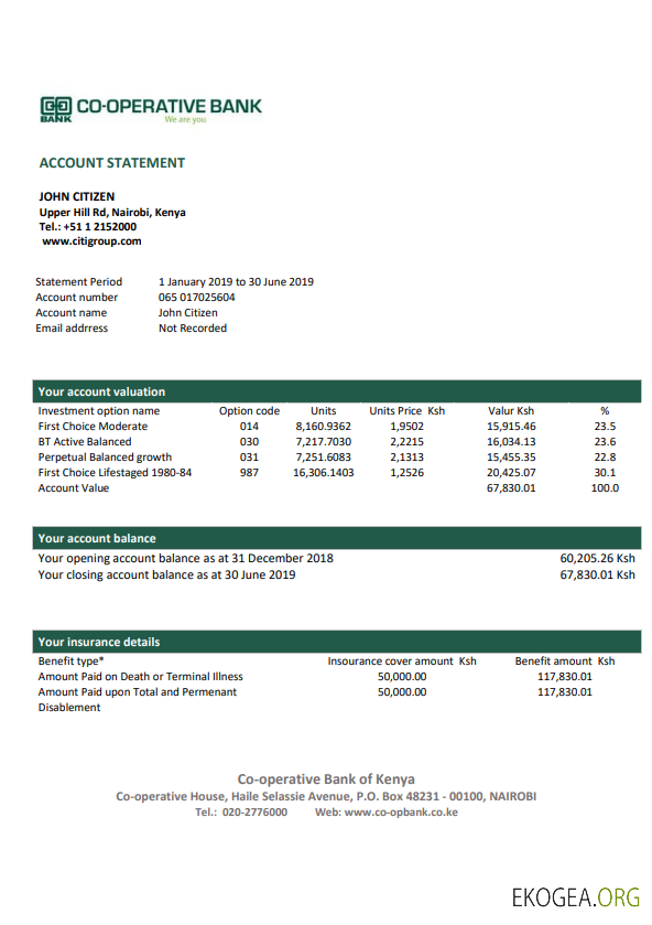 Modèle de justificatif de domicile de la Kenya Co Operative Bank au format Word et PDF, au format .doc et .pdf